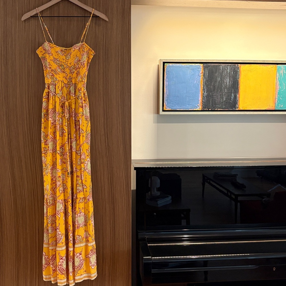 Free People:  Flowy Floral Smocked Jumpsuit, Size XS, Golden Yellow - Picture 5 of 11